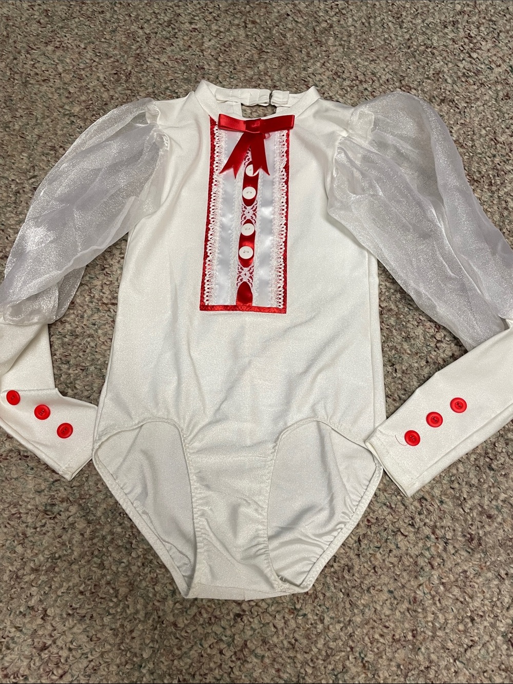 Vintage Spandex 1 pc sheer puff sleeve ribbon front dance suit/leotard